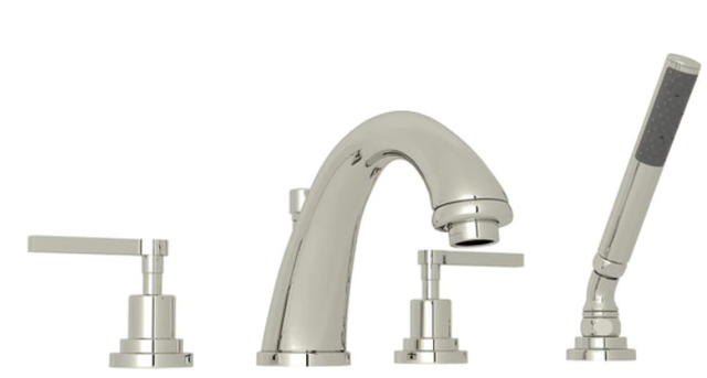 Rohl® Lombardia Polished Chrome 4-Hole Deck Mount C-Spout Tub Filler With Handshower with Metal Lever Handle-0