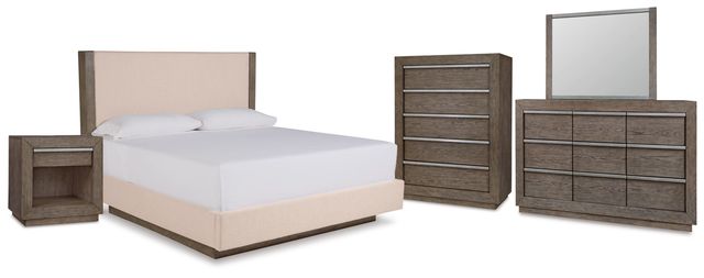 Benchcraft® Anibecca 5-Piece Weathered Gray Queen Upholstered Panel Bed Set-0