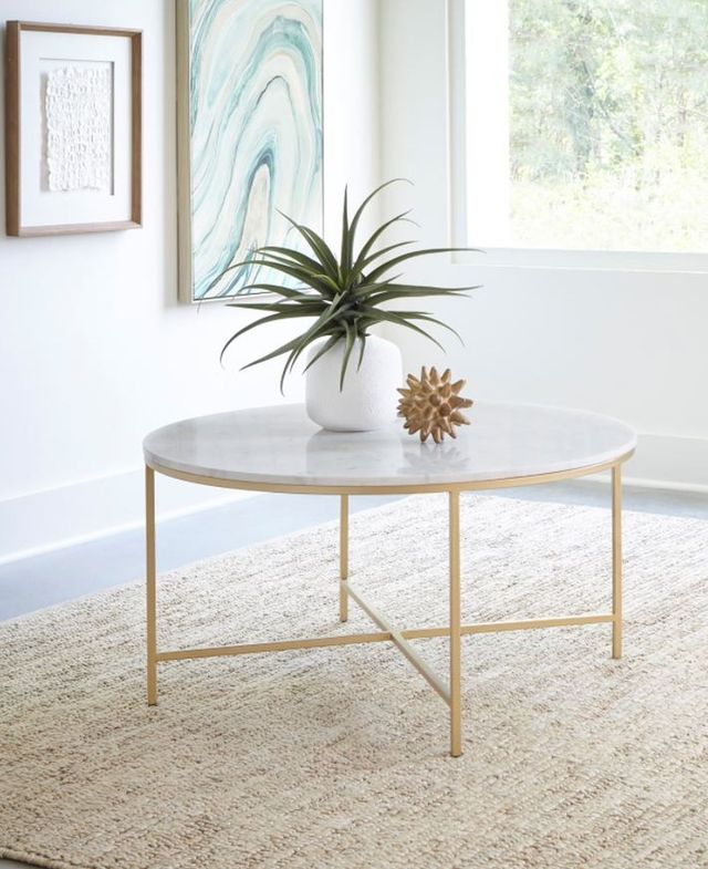 Coaster® Ellison White Coffee Table with Gold Round X-Cross Base-1