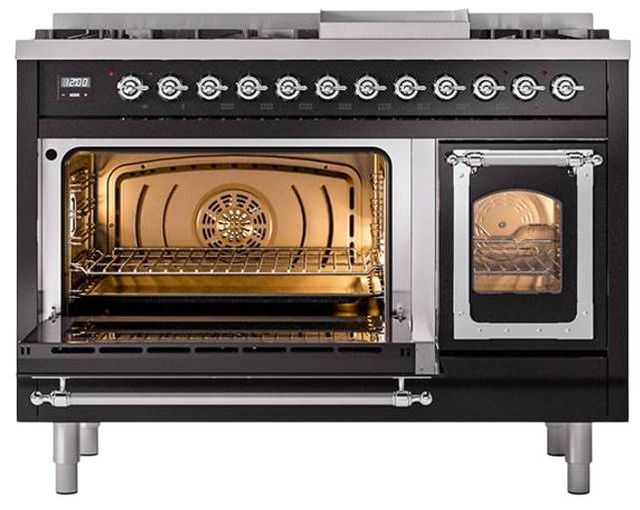 Ilve® Nostalgie II Noblesse 48'' Glossy Black Pro Style Dual Fuel Range with Chrome Trim-3