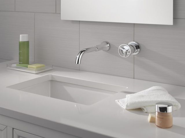Delta Trinsic® Chrome Single Handle Wheel Wall Mount Bathroom Faucet Trim-2