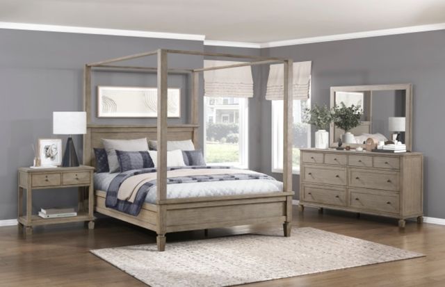 Front view of a modern bedroom with a canopy poster bed 