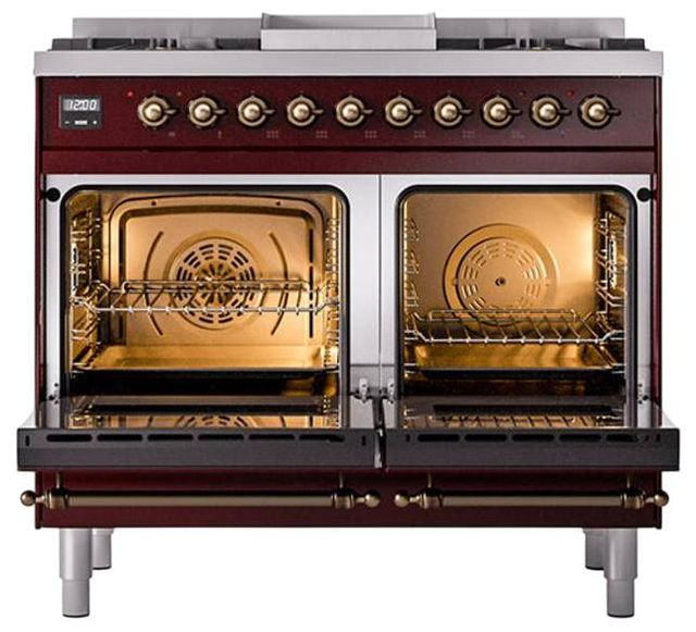 Ilve® Nostalgie II Noblesse 40'' Burgundy Pro Style Dual Fuel Range with Burnished Trim-2