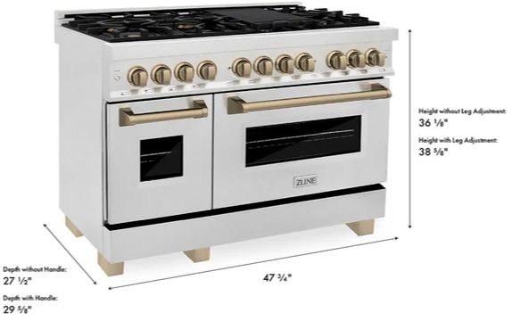 ZLINE Autograph Edition 48" Satin Stainless Steel Pro-Style Dual Fuel Range with Two Electric Ovens and Champagne Bronze Accents-2