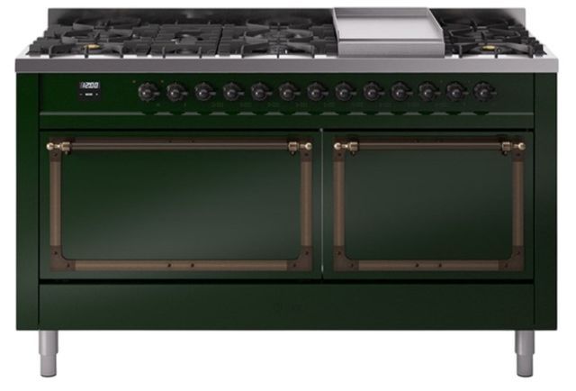Ilve® Nostalgie II Noblesse 60'' Emerald Green Pro Style Dual Fuel Range with Burnished Trim-0