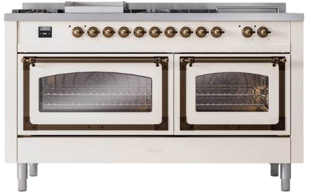 Ilve® Nostalgie II Noblesse 60'' Antique White Pro Style Dual Fuel Range with Burnished Trim-1
