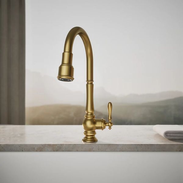 KOHLER® Artifacts® Vibrant Brushed Moderne Brass Kitchen Sink Faucet with 3-Function Sprayhead-3