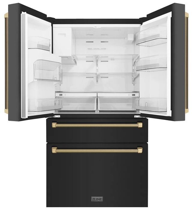 ZLINE Autograph Edition 36" 21.6 Cu. Ft. Black Stainless Steel Counter-Depth French Door Refrigerator with Water and Ice Maker in Fingerprint-Resistant and Champagne Bronze Helix Handles-1