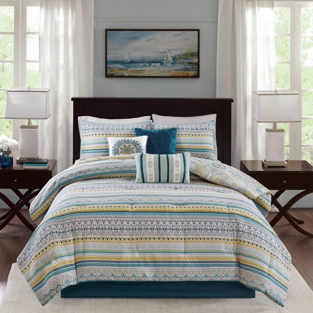 Olliix by Madison Park 7 Piece Teal Queen Mercia Reversible Cotton Sateen Comforter Set-2