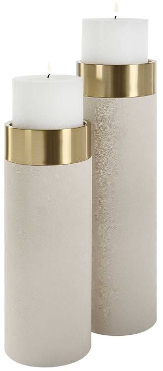 Uttermost® Wessex 2-Piece Antique Brushed Brass/White Pillar Candleholders Set-3