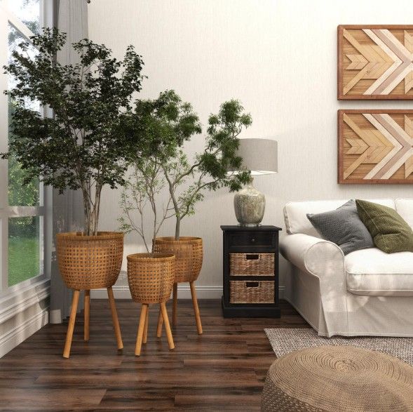 Deco Marche 3-Piece Brown Bamboo Woven Basket Planter Set with Wooden Tripod Legs-1