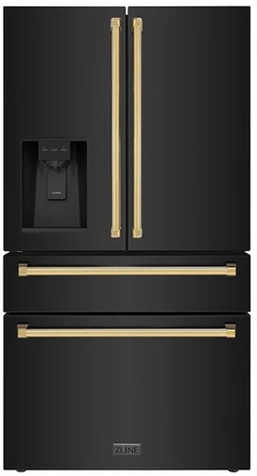 ZLINE Autograph Edition 36" 21.6 Cu. Ft Fingerprint Resistant Black Stainless Steel Counter Depth French Door Refrigerator with Polished Gold Traditional Handles-0