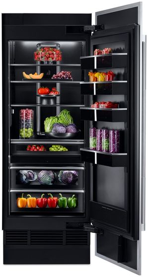 Front view of the opened JennAir® 30" 17 Cu. Ft. Panel Ready Built-In Column Refrigerator with Slimtech Insulation Technology in Door