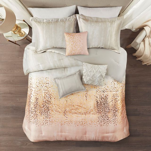Olliix by Madison Park 7 Piece Blush California King Midnight Garden Metallic Print Comforter Set-3
