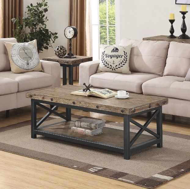 Flexsteel® Carpenter Light Brown Rectangular Coffee Table with Black Metal Frames-1