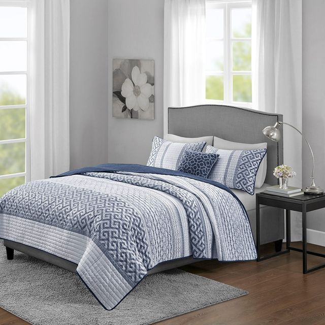 Olliix by Madison Park Bennett 4 Piece Reversible Jacquard Navy Full/Queen Coverlet Set-1
