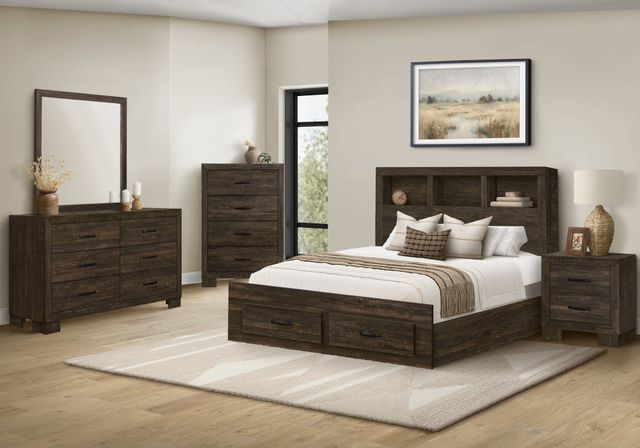 Monarch Specialties Inc. Rustic Oak Queen Bookcase Bed with 2 Drawers-1