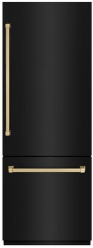 ZLINE Autograph Edition 30 in. 16.1 Cu. Ft. Black Stainless Steel Built In Bottom Freezer Refrigerator with Graphite Gray Interior and Champagne Bronze Accents