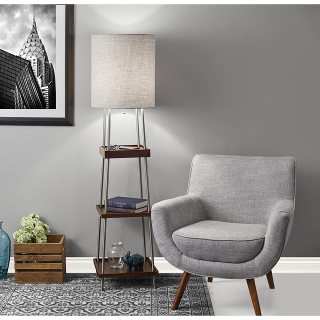 Adesso® Henry Brushed Steel/Walnut Adessocharge Shelf Floor Lamp-2