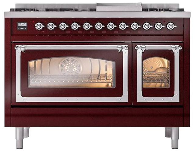 Ilve® Nostalgie II Noblesse 48'' Burgundy Pro Style Dual Fuel Range with Chrome Trim-1