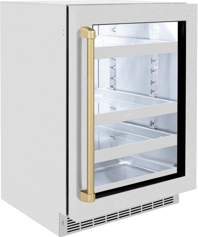 ZLINE Autograph Edition Touchstone 24" 5.2 Cu. Ft. Satin Stainless Steel Beverage Center with Glass Door and Champagne Bronze Handle-3