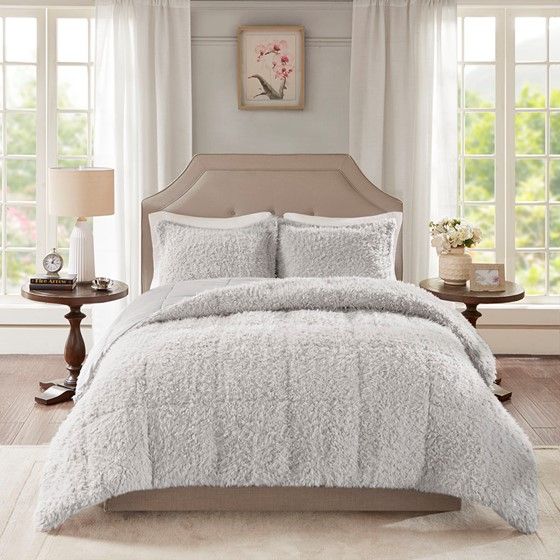 Olliix by Madison Park Nova Grey Full/Queen Faux Mohair Reverse Faux Mink Comforter Set-0