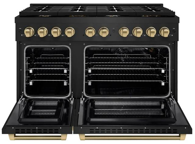 ZLINE Autograph Edition Paramount 48" Black Stainless Steel/Polished Gold Helix Handle Freestanding Double Oven Gas Range with 8 Burner Cooktop-1