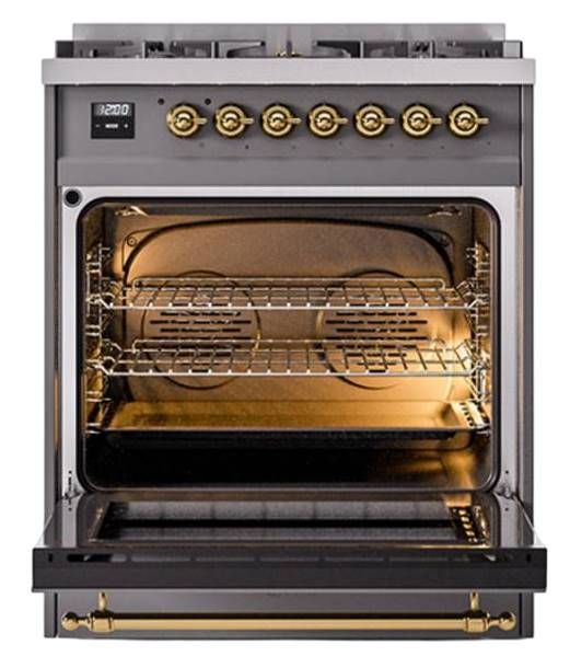 Ilve® Nostalgie II Noblesse 30'' Graphite Matte Pro Style Dual Fuel Range with Brass Trim-1
