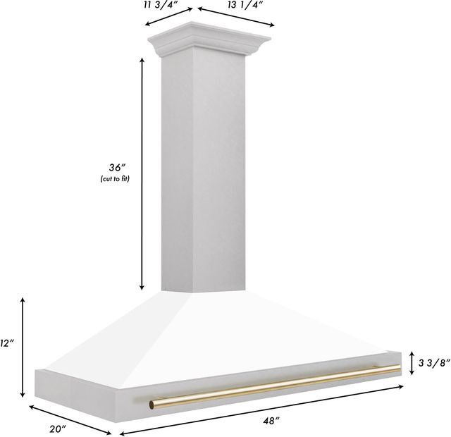 ZLINE Autograph Edition 48" Fingerprint Resistant Satin Stainless Steel Convertible Wall Mounted Range Hood with White Matte Shell and Polished Gold Handle-2