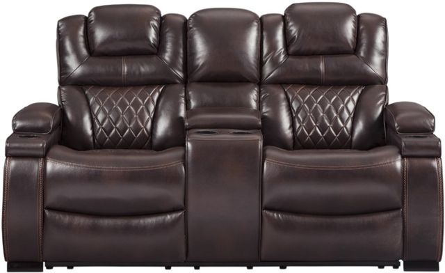 Signature Design by Ashley® Warnerton Chocolate Power Reclining Loveseat with Console and Adjustable Headrest-1