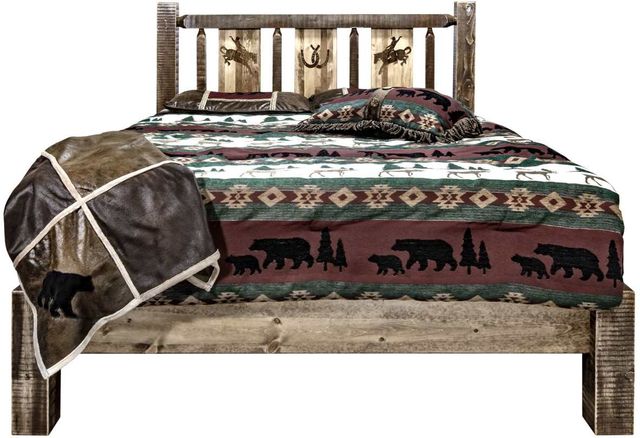 Montana Woodworks® Homestead Stain & Clear Lacquer Twin Platform Bed with Laser Engraved Bronc Design-1