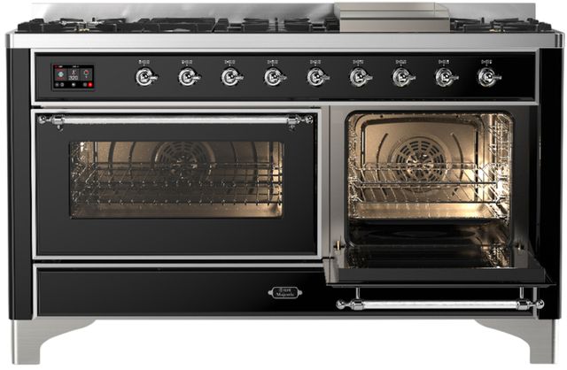 Ilve® Majestic III 60" Glossy Black Pro Style Dual Fuel Natural Gas Range with Triple Glass Door and Chrome Trim-3