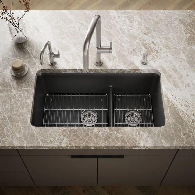 KOHLER® Cairn® Matte Graphite Smart Divide® 34" Undermount Double-Bowl Kitchen Sink-1