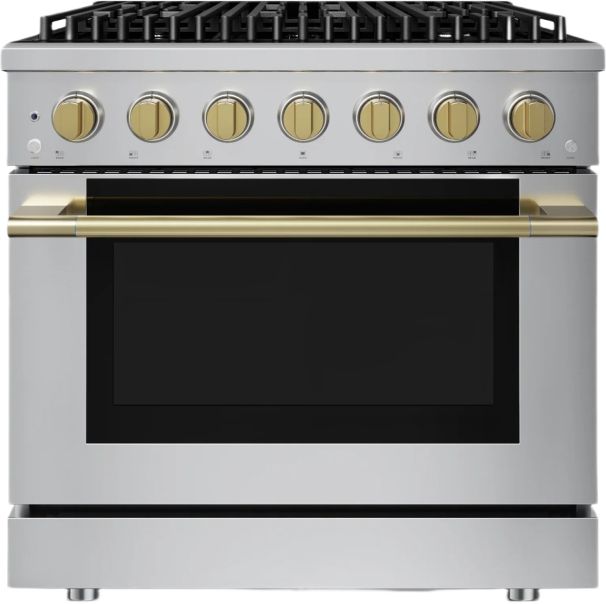 Hauslane HausPro Range 36" Stainless Steel Pro-Style Gas Range with Satin Brass Knobs-0