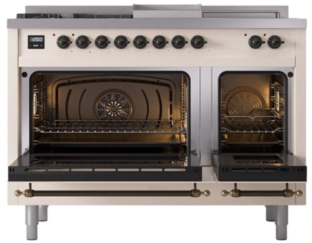 Ilve® Nostalgie II Noblesse 48'' Antique White Pro Style Dual Fuel Range with Burnished Trim-2