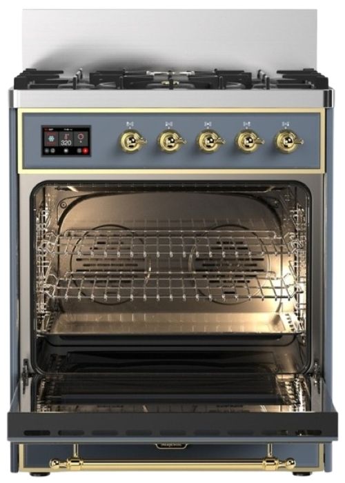Ilve® Majestic III 30" Blue Gray Pro Style Dual Fuel Liquid Propane Range with 5 Black Brass Burners and Brass Trim-1