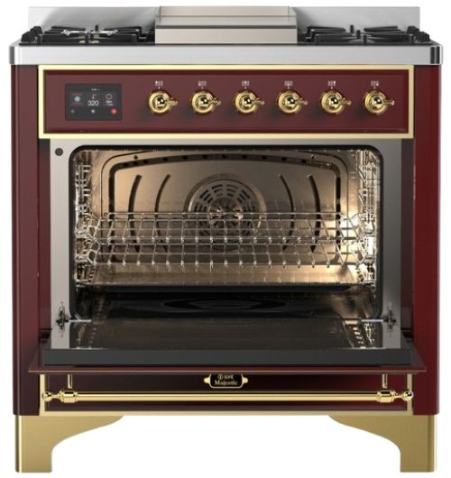 Ilve® Majestic III 36" Burgundy Pro Style Dual Fuel Natural Gas Range with Solid Door and Brass Trim-1