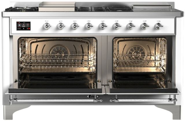 Ilve® Majestic III 60'' White Pro Style Dual Fuel Liquid Propane Range with Solid Door and Chrome Trim-1