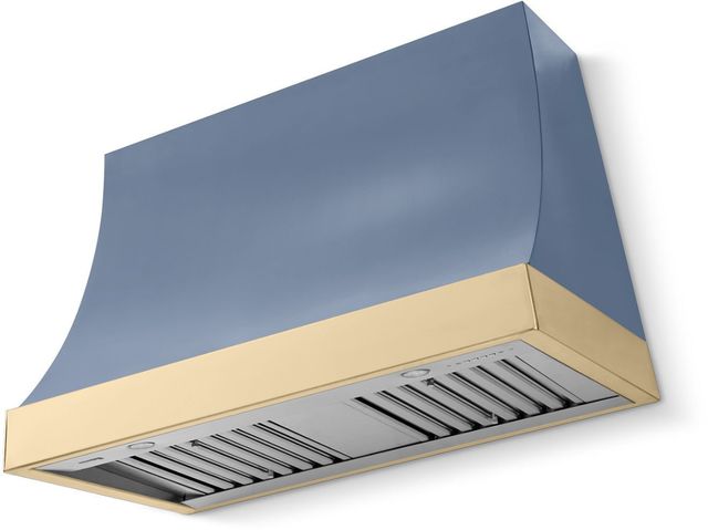 La Cornue Cornufé Marquee 44" Provence Blue Wall Mounted Range Hood with Polished Brass Trim-0