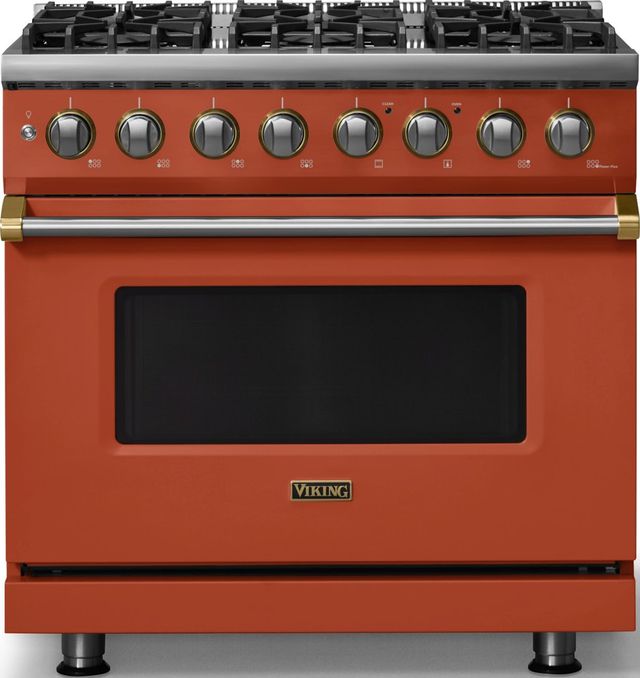 Viking® 5 Series 36" Spiced Cider Pro Style Dual Fuel (NG) Range with Brushed Brass Trim-0
