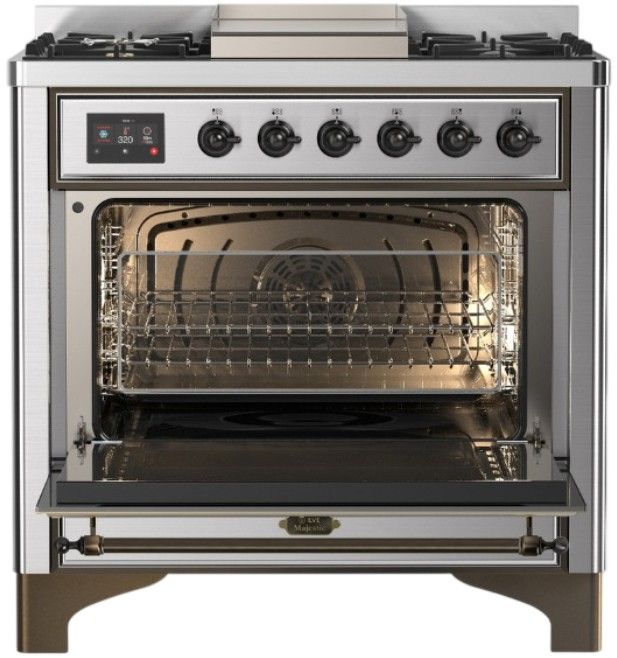 Ilve® Majestic III 36'' Stainless Steel Pro Style Dual Fuel Liquid Propane Range with Triple Glass Door and Burnished Trim-1