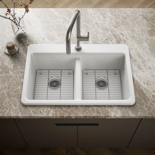 KOHLER® Riverby® White 33" 1-Faucet Hole Top-Mount Double-Equal Bowl Kitchen Sink-1