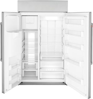 Front view of the opened Café™ 48 in. 28.6 Cu. Ft. Stainless Steel Smart Built In Side-by-Side Refrigerator