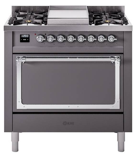Ilve® Nostalgie II Noblesse 36'' Graphite Matte Pro Style Dual Fuel Range with Chrome Trim-0