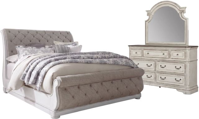 Liberty Furniture Magnolia Manor 3-Piece Antique White/Gray King Upholstered Sleigh Bedroom Set-0