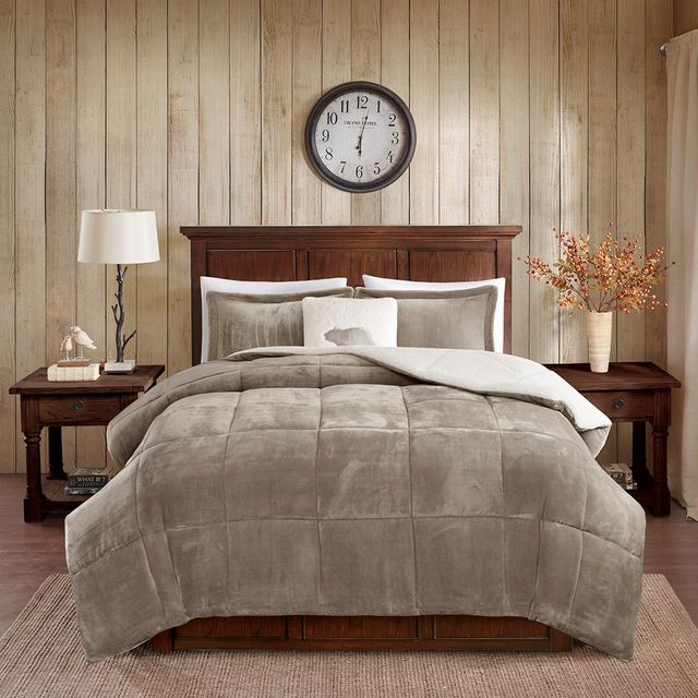 Olliix by Woolrich Alton Ivory and Taupe King Plush to Sherpa Down Alternative Comforter Set-0