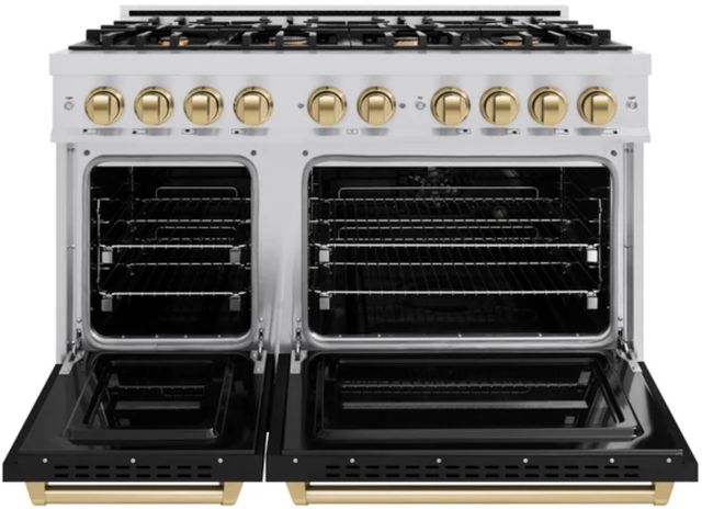 ZLINE Classic Autograph Edition 48" Stainless Steel Pro Style Dual Fuel Range with Black Matte Door and Polished Gold Accents-3