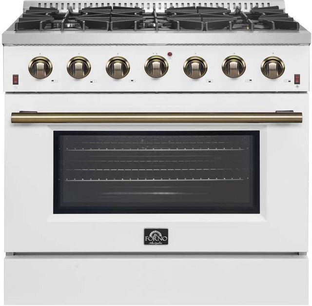 FORNO® Galiano 36" Stainless Steel Pro Style Gas Range with White Door and Antique Brass Accents
