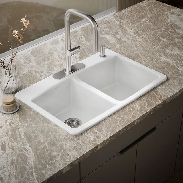 KOHLER® Brookfield™ White 33" 4-Faucet Hole Top-Mount Double-Bowl Kitchen Sink-2