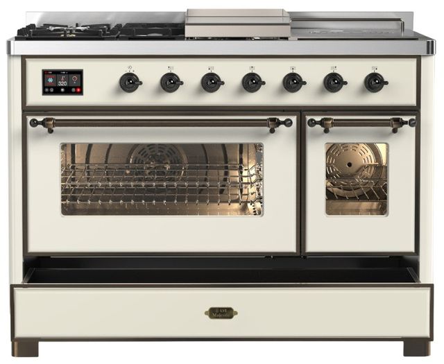 Ilve® Majestic III 48" Antiqued White Pro Style Dual Fuel Natural Gas Range with Triple Glass Door and Burnished Trim-2